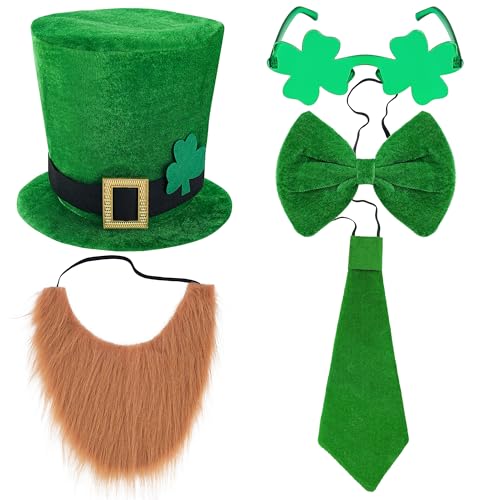 Leadinor St. Patrick's Day Costume Suit Leprechaun Costume Set Hat, Shamrock Glasses, Bow, Bow Tie, Beard for Irish Party