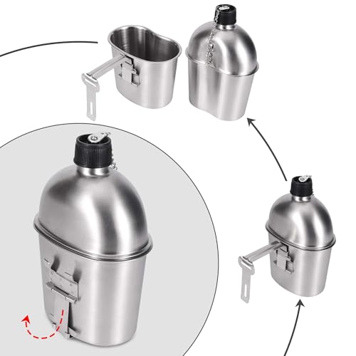 Goetland Stainless Steel WWII US Military Canteen Kit 1QT with 0.5QT Cup Nylon Cover G.I. for Camping
