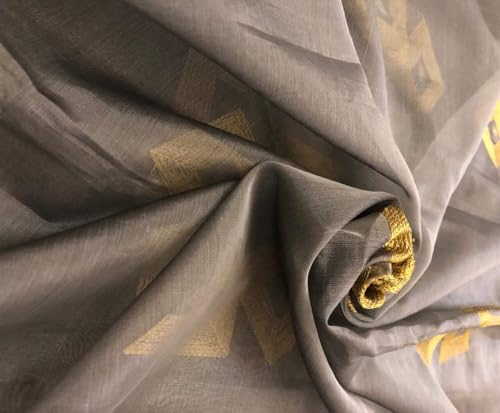 Tissu organza de soie brodé gris argenté 111cm avec broderie dorée