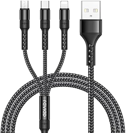 RAVIAD 3 in 1 Charger Cable [1.2M] USB Cable Nylon Braided with Micro USB Type C Lightning Cable Connector for iPhone, Android Samsung Galaxy, Huawei, Oneplus, LG- Black