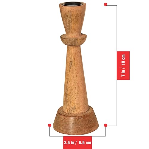 Image of Pure Source India Wooden Candle Holder for Taper Candles, Natural Mango Wood Vintage Style 18cm Tall Candle Stand for Fireplace Dining Table Centrepiece, Decorative Item for Home