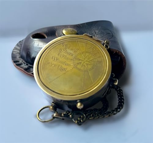 Brújula de Bolsillo de Latón Antiguo con Estuche de Cuero y Cadena miniatura 4
