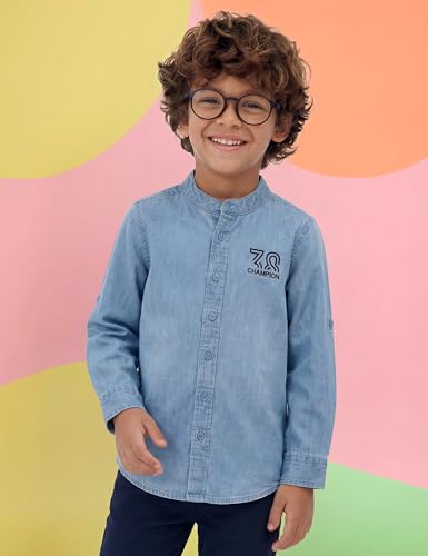 Image of Amazon Brand - Symbol Boys 100% Cotton Regular /Mandarin Collar Denim Shirt | Full Sleeves | Regular Fit | Age 2-14 Years