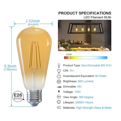 Image of Jensense Edison Bulbs E26 LED Bulb 60 Watt Equivalent, Vintage LED Light Bulbs CRI90+ ST19, Dimmable Clear Light Bulbs (2300K Amber Light, 7watt-1 Pack)