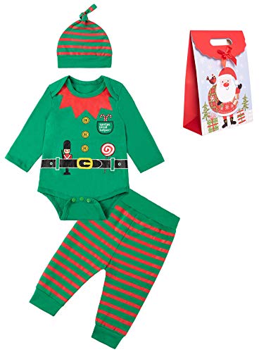 lorjoy Newborn Baby Boy Christmas Elf Outfits Xmas Clothing Stripe Pant Sets with Hat (0-3 Months)