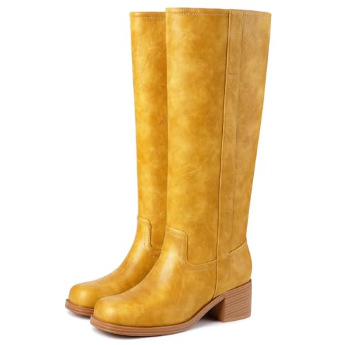 Image of Gothictor Women's Banana Knee High Boots Square Toe Chunky Block Heel Comfortable Low Heel Pull on Wide Calf Riding Long Boots for Women