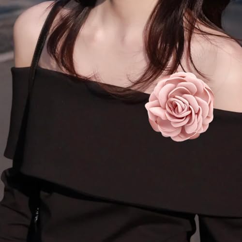 Image of Elegant Satin Fabric Rose Flower Brooch Pin Silk Large Big Camellia Brooch Lapel Pins Plant Floral Hair Clip Pins Wedding Party Jewelry for Women