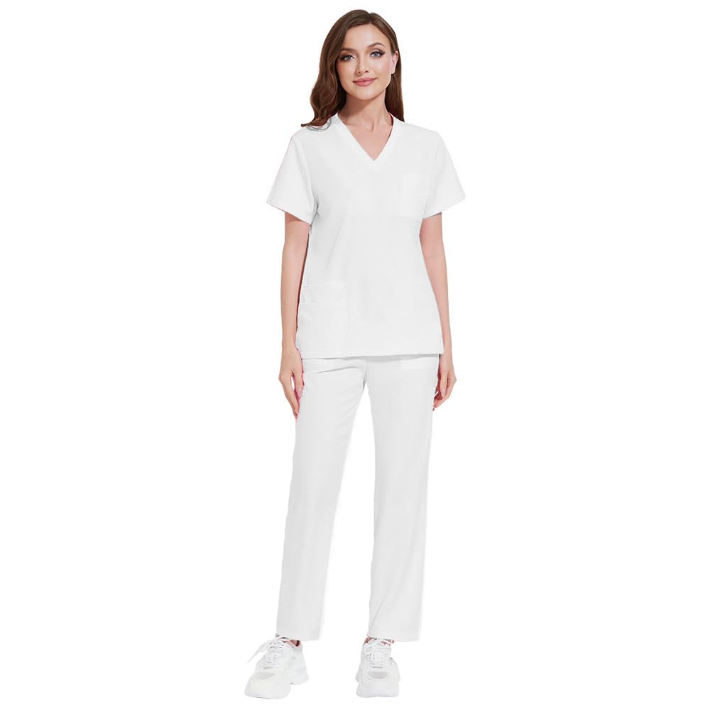 Set di uniformi mediche da donna, con scollo a V, maniche corte, pantaloni a gamba dritta, 8 tasche, elastico con coulisse, traspirante, DK77