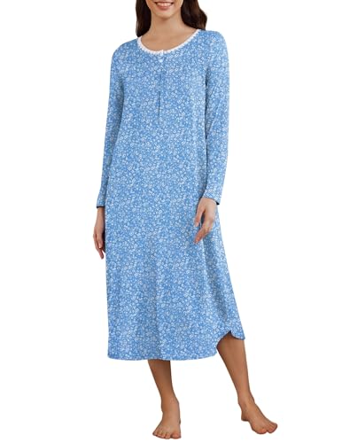 Ekouaer Women's Long Sleeve Nightgown Long Sleepshirt Henley Nightgowns Full Length Sleep Dress with Pockets S-3XL