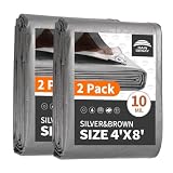 RAINDEWAY 4x8 Feet(2 Pack) Tarps Heavy Duty Waterproof,10Mil Thick Multipurpose Poly Small Tarp Cover with Metal Grommets and Reinforced Edges,Silver/Brown Tarp