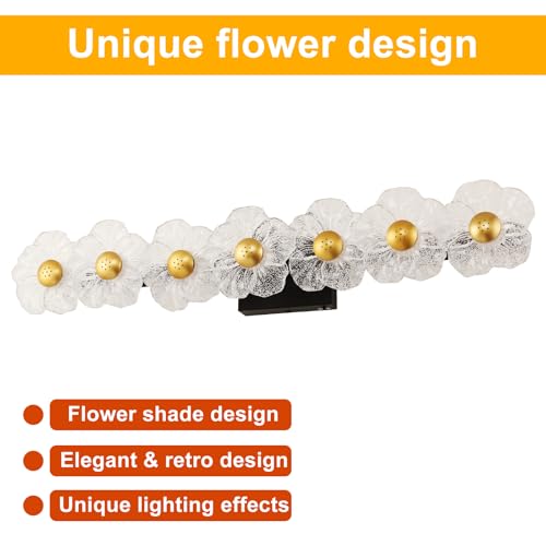 Image of MantoLite Bathroom Light Fixtures Modern Vanity Light Over Mirror Adjustable 3000K-6000K Picture Lights Art Light with Floral Clear Glass Shades for Living Room Bedroom Wall Sconces (7 Light Black)