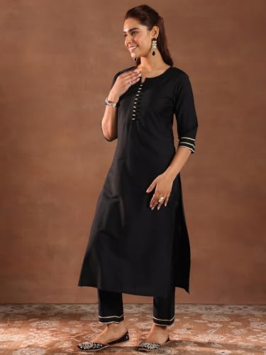 Image of Gerua by libas Solid Silk Blend Straight Kurta With Trousers and Dupatta