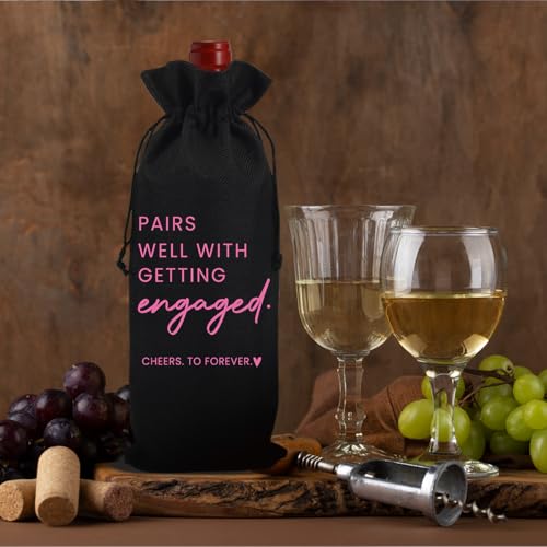 Image of Engaged Engagement Gifts for Couples Her Engagement Party Decorations | Engaged Wine Bag for Couple Women Pairs Well with Getting Engaged Wine Accessory Sets Black