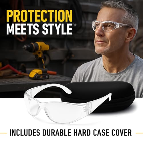 Image of KT Safety Glasses with Protective Hard Case - Transparent Anti-Scratch Safety Goggles for Eye Protection - Lightweight, Clear Lens Eyewear for Work, Lab, Riding & DIY Use
