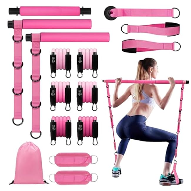 Multi-Functional Pilates Bar Kit with Resistance Bands, Ankle Bands for Leg Butt Training, Adjustable 3-Section for Full Body Workouts, Pilates Workout Equipment for Legs, Hip, Waist, Arm