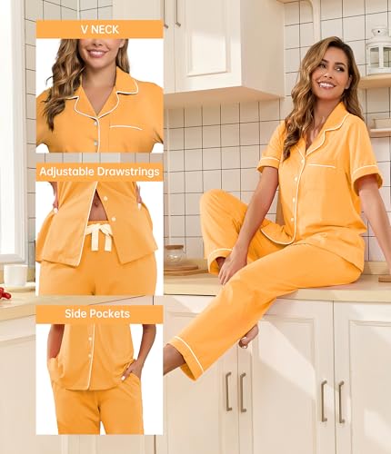 Image of CF Womens 100% Cotton Pajamas Set Button Down Pjs Sets Short Sleeve Top & Long Pants Sleepwear Comfy Loungewear with Pockets