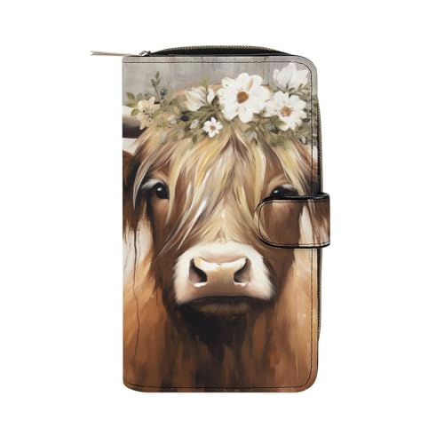 Little Highland Cow Print Long Wallet for Men Women, PU Leather Large Travel Long Purse Clutch with Zipper
