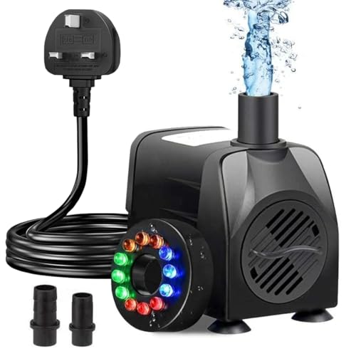 FiTspi Submersible Water Pump, 16W 800L/H Adjustable Fountain Pump with 12 Color LED Light for Water Feature Outdoor Small Pond, Indoor or Outdoor Fountain with 1.45M Power Cord and 2 Nozzles
