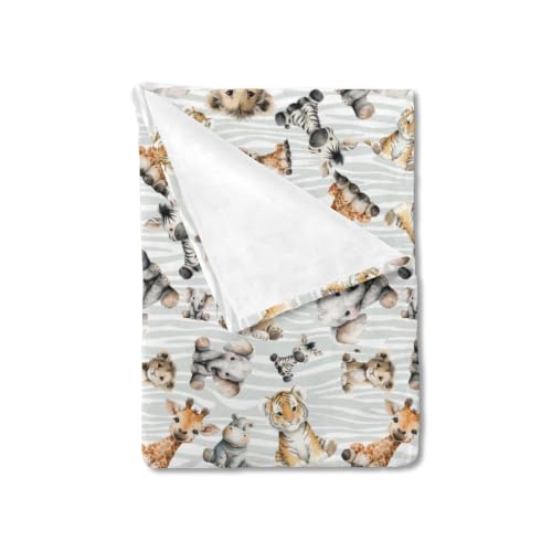Image of HawSkgFub Kids Safari Baby Animals Blanket Boy Girl Gift, Nursery Jungle Elephant Giraffe Zebra Lion Leopard Hippo Lightweight Fluffy Flannel Fleece Blankets, Soft Warm Toddler Nap Bedding Decor 60x80