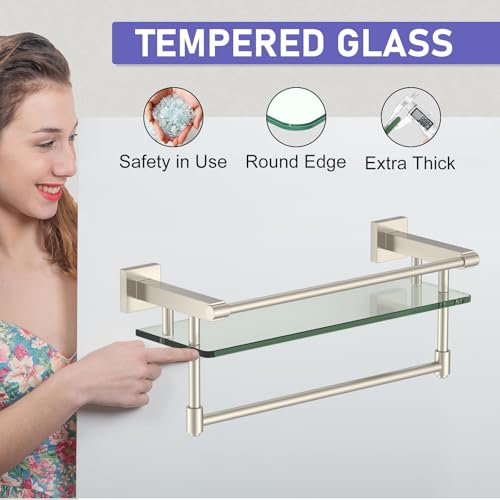 SFGSOWOR 16-Inch Modern Glass Shelf with Towel Bar, 1-Shelf, Brushed Nickel Finish, Wall Mount, Bathroom Organizer by SFGSOWOR - Used condition - Image 2