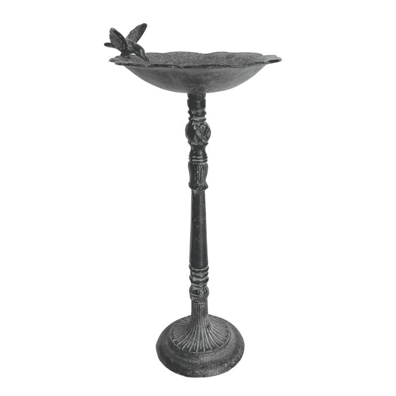 L'Héritier Du Temps Bain Oiseau sur Pied en Fonte Grand Bénitier à Poser Mangeoire Abreuvoir à Volatiles Patine Gris 26x26x58cm