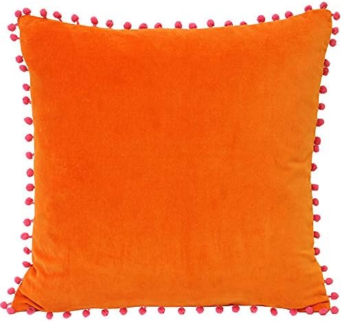 Riva Paoletti Velvet Pompom Cushion Cover - Teal Blue - Faux Velvet Fabric - Contrasting Coral Orange Pompom Edges - Hidden Zip Closure - 100% Soft Cotton - 45 x 45cm (18" x 18" inches)