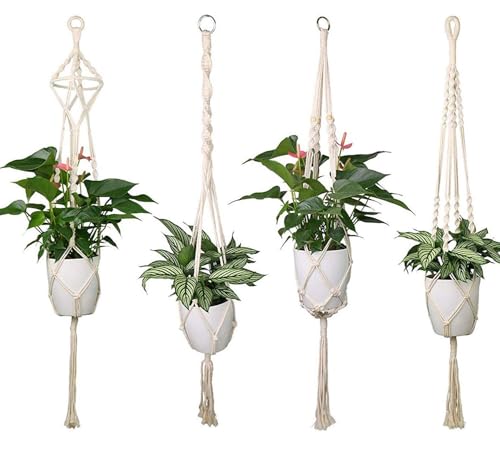 Luxbon 4Pcs Macrame Plant Hanger Handmade Woven Cotton Plant Holder Wall Hanging Planter Basket for Indoor Outdoor Garden Patio Balcony Ceiling Decorations, 4 Legs 40 Inch
