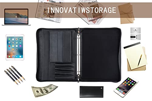 Azxcg Genuine Leather Portfolio Binder, Professional Organizer Padfolio, Leather Resume Portfolio Folder With Ykk Zipper For Men, 8.5 X 11 Writing Pad Stylish Working Document Folio, Black #TOP4