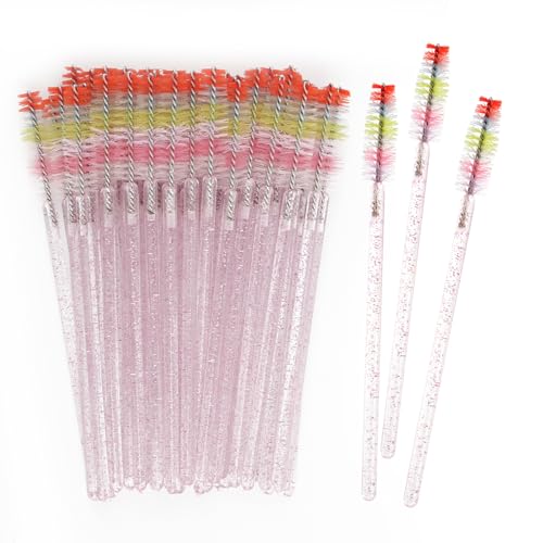 50Pcs Disposable Mascara Wands Spoolie Brush Crystal Eyebrow Brushes Mascara Brush Eyelash Extension Applicator Makeup Kits(Pink)