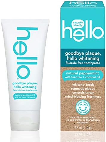 Hello Goodbye Plaque + Whitening Fluoride-Free Toothpaste, Natural Peppermint Flavour, Peroxide Free & SLS Free, 82 ml