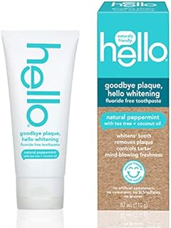 Hello Goodbye Plaque + Whitening Fluoride-Free Toothpaste, Natural Peppermint Flavour, Peroxide Free & SLS Free, 82 ml