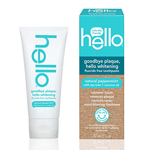 Hello Goodbye Plaque + Whitening Fluoride-Free Toothpaste, Natural Peppermint Flavour, Peroxide Free & SLS Free, 82 ml
