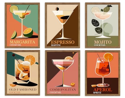 Zeredi Vintage Cocktail Poster Wall Art Set of 6, Colorful Bar Cart Wall Decor Paintings, Funky Preppy Drink Aesthetic Prints Pictures for Bar College Dorm Apartment 8x10 Inch Unframed