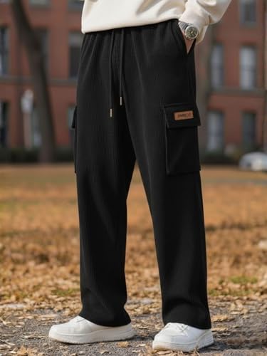 Image of Men's Ribbed Casual Cargo Pants | Stretchable & Comfortable Lower | Elastic Waist Drawstring | Relaxed Fit Stretchable & Comfortable Textured Fabric Cargo Pant for Men