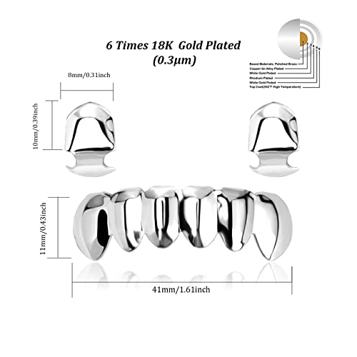 Yoszo Gold Grillz 18K Gold Plated 2Single Top & Bottom Set Grills For Your Teeth With Molding Bars Hip Hop Jewelry. (Silver) #TOP2
