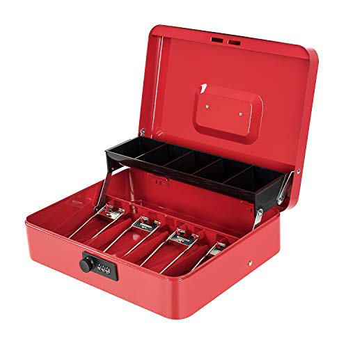 Image of Cash Box with Money Tray and Combination Lock Metal Money Box for Cash Tiered Lock Box for Money 11.8 inch x 9.4 inch x 3.54 inch Red