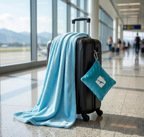 Image of VAS COLLECTIONS Travel Pillow Blanket 2-in-1, Ultra Soft Flannel Blanket with Carry Case, 65x40 Inches, Compact Portable Travel Blanket for Flights, Camping and Travel Comfort (Aqua)