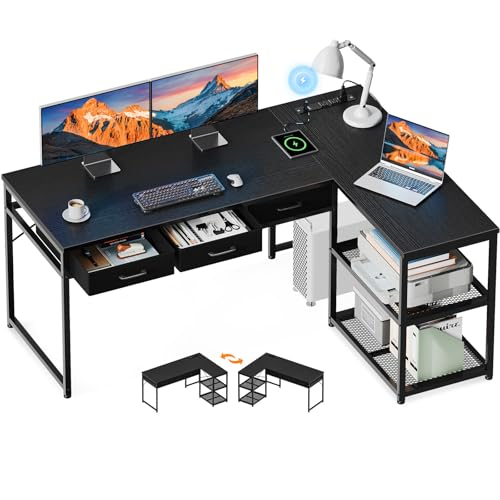 AODK - AODK 53 Inch L Shaped Computer Desk with Drawers, Corner Desk with Power Outlets & Reversible Storage Shelves, Movable CPU Stand for Home Office Gaming, Black - -13%