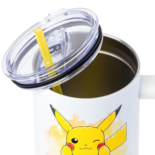 Image of Silver Buffalo Pokemon Double Walled Stainless Steel Tumbler with Handle Featuring Pikachu, Fits in Standard Cup Holder, 40 Ounces
