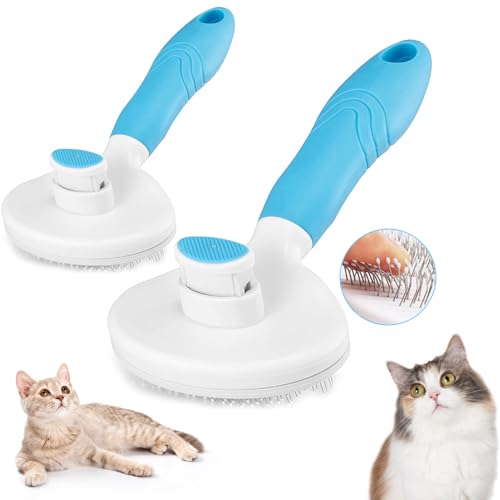 Cat Grooming Brush, 2Pack Pets Skin Friendly Self Cleaning Slicker Massage Brushes for Shedding Dogs Cats Hair Gentle Remove Loose Undercoat with Long or Short Hairs for All Fur Type- UPGRADED