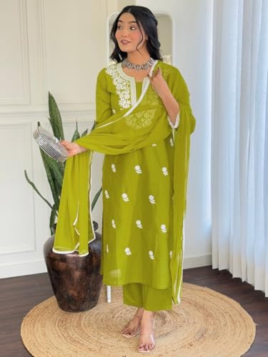 Image of Naixa Women's Pure Cotton Embroidered Straight Kurta with Pant And Dupatta Sets (NX-691)