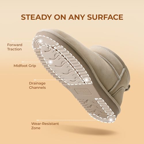 DREAM PAIRS Ankle Winter Mini Boots for Women Genuine Suede Faux Fur Lining Water Resistant Warm Snow Boots Slip On Memory Foam Comfort Booties FuzzyClassic,Size 7.5,Sand,SDSB2405W