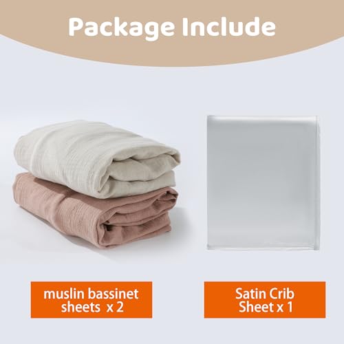 Image of HOMBYS Muslin Fitted Crib Mattress Sheets with Satin Bassinet Sheet for Baby Hair,100% Cotton Deep Pocket Toddler Bed Sheets with Silky Soft Bassinet Slip,Baby Hair Care 3 Packs,33x17 in