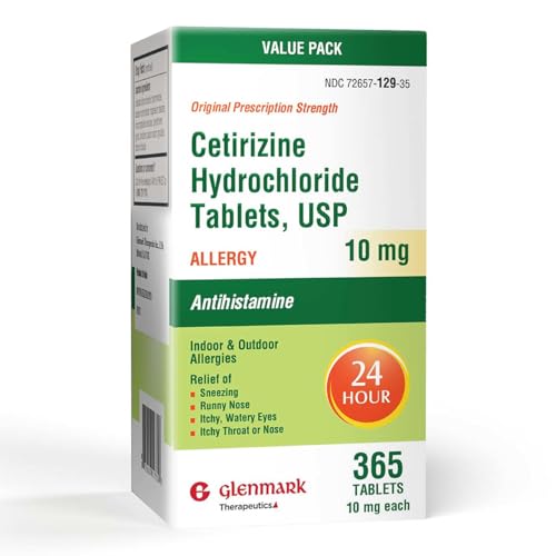 Glenmark Therapeutics 24-Hour Allergy Medicine 365 Count Cetirizine HCl USP Antihistamine for Pollen Hay Fever Dry Itchy Eyes Allergies 10mg Tablets