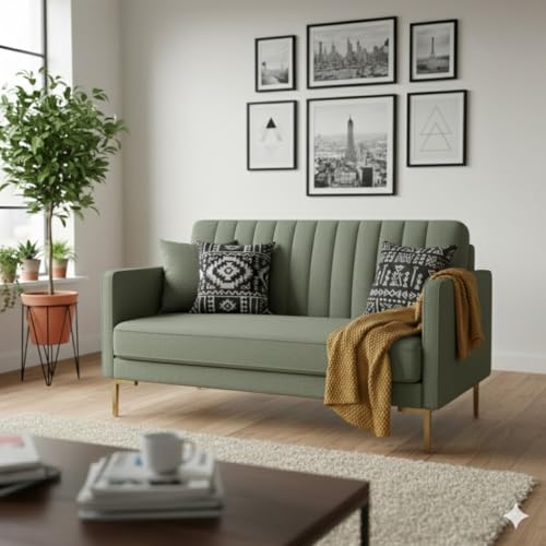 Image of 2 Seater Velum Fabric Sofa Set for Living Room, Modern Design with High Density Foam, Solid Wood Frame, Ergonomic Comfortable Seating for Home & Office (Frosty Green, 2 Seater) | Soft foam comfort