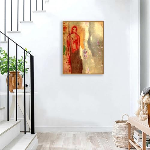 Impression sur Toile Odilon Redon Allégorie en rouge cadre en teck haut de gamme