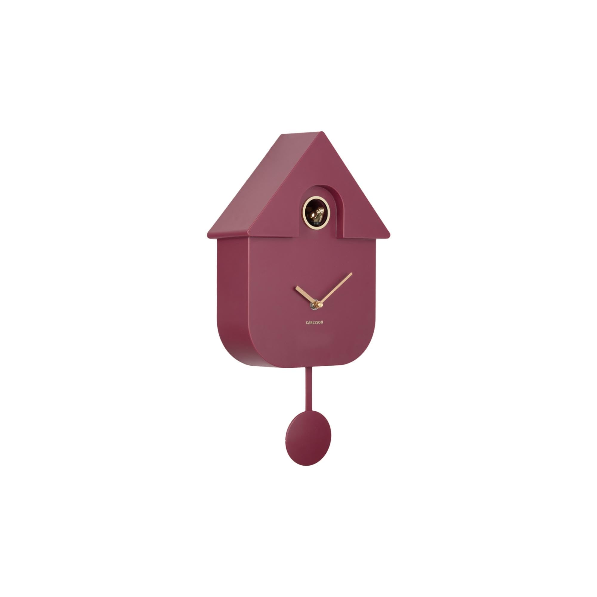 Karlsson Dark Mauve Modern Cuckoo Oro Wall Clock In – With Gold Details, Hourly Cuckoo Feature And Pendulum – Battery Operated