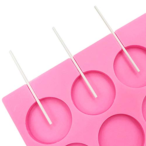 [New Version] C-Co 8-Capacity Jumbo Round Silicone Lollipop Molds, Chocolate Hard Candy Mold With Sucker Sticks For Baking (Pink, 1Pcs) #TOP4