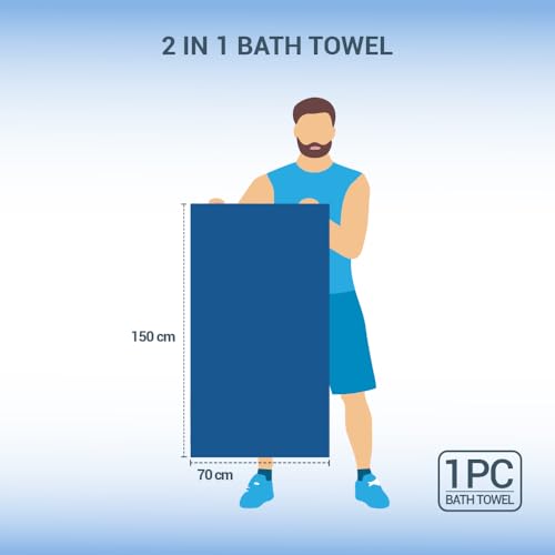 Image of Welspun 2-in-1 Towels for Bath Large Size | 100% Cotton Bath Towel | 250 GSM | High Absorbency & Quick Dry | Soft Feel | Bath Towel for Men & Women | 70 x 150 cm | Royal Blue