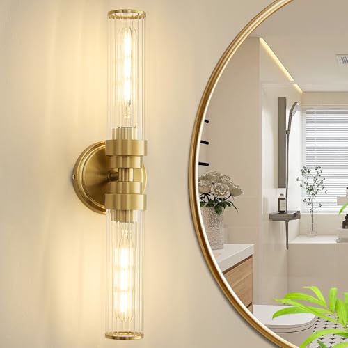 Image of Bathroom Light Fixtures, Gold Wall Sconce in Threaded Glass Indoor Vanity Lights, Modern Bathroom Vanity Light Up and Down Sconces Wall Lighting for Bathroom, Living Room - Bulb Not Included